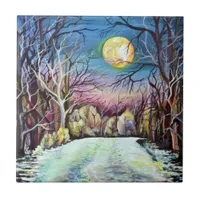 Silent Night Winter Full Moon in Sweden Tile