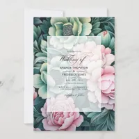 Dark Green and Pastel Pink Floral Wedding Invitation