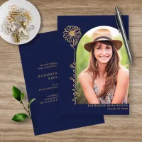 Navy Blue Gold Handwritten Photo Graduation Foil Invitation