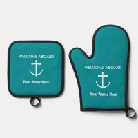 Nautical Turquoise Welcome Aboard Boat Name Anchor Oven Mitt & Pot Holder Set