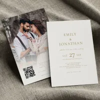 Minimalist Gold Script Photo Overlay QR Wedding Invitation