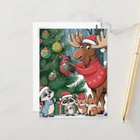 Funny Moose Decorating the Christmas Tree Cartoon Postcard