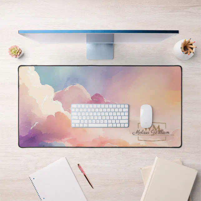 Watercolor Clouds Black Gold Monogram Name Script Desk Mat