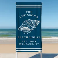 Coastal Conch Shell Beach House Family Name Navy Beach Towel
