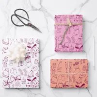 Quirky Hand Drawn Bows & Bubbly Pink Xmas Party Wrapping Paper Sheets