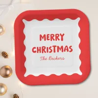 Retro Bold Wavy Red Fun Custom Merry Christmas Paper Plates