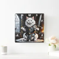 Cat Clad in Armor Wielding Sword and Spear Square Wall Clock