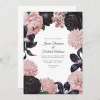 Black & Blush Photo/QR Code Floral Wedding Invitation
