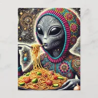 Funny Funky Alien Eating Spaghetti Postcard