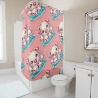 Cute pink Piggy and Piglets in water | Shower Curtain