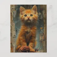 Ginger Kitten Yarn Collage Mixed Media Postcard