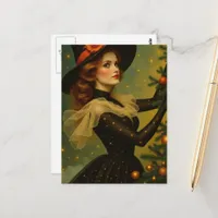 Adorable Vintage Witch Decorates the Yule Tree Postcard