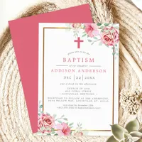 Elegant Floral Pink and Gold with Cross Baptism Invitation