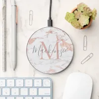 Stylish Rose Gold Foil Marble Monogram Wireless Charger