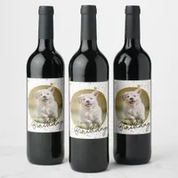 Custom Pet Photo Gold Glitter Stars Dog Birthday Wine Label