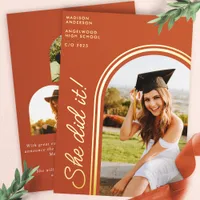 She Did It Terracotta Modern Arch Photo Graduation Foil Invitation