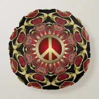 Red Hearts Gold Peace Power Love Round Pillow