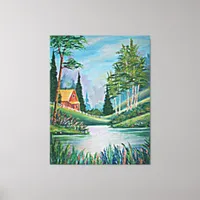 Cabin by the Stream Fine Art Painting Large Canvas Print