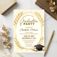 Elegant Gold Laurel Wreath & Cap Graduation Party Invitation