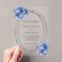 Blue florals silver frame clear wedding acrylic invitations