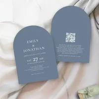 Minimalist Text QR Code Dusty Blue Arch Wedding  Invitation