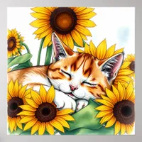 Cute Napping Kitten and Sunflowers Poster