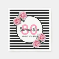 80th birthday pink flowers black stripes name napkins