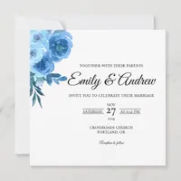 Blue Rose Bloom Floral Watercolor Square Wedding Invitation