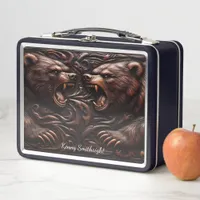 Fierce Bear Embossed in Rugged Leather Metal Lunch Box