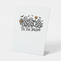Retro Tis The Season Checkered Halloween Pedestal Sign