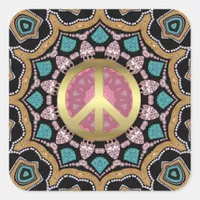 Sweet Pink & Gold Groovy Peace Mandala Energy Gold Square Sticker