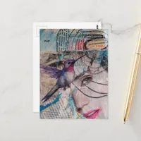 Face and Hummingbird Abstract Mixed Media Collage Postcard