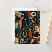surreal surveillance camera pigeons in the library postcard