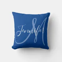 Modern Script Monogram in Blue Throw Pillow