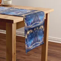 Magical Christmas time - golden snowflakes on blue Short Table Runner