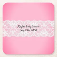 Lace Pink Baby Shower Square Paper Coaster
