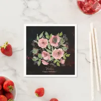 Watercolor Pink flowers on Black Napkins