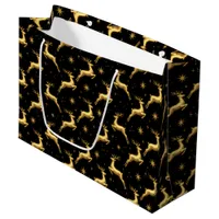 Metallic Gold and Black Reindeer and Stars Large Gift Bag