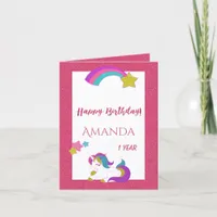 Cute unicorn happy magical day 1st birthday white card