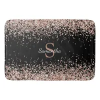 Chic Rose Gold Glitter Confetti Monogram Black Bath Mat