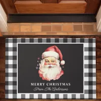 Vintage Santa Black Gingham Personalized Christmas Doormat