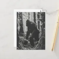 Sasquatch in the forest black and white postcard
