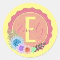 Cute Girly Pastel Flowers & Foliage Monogrammed Classic Round Sticker