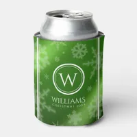 Festive Green Foil Snowflakes Monogram Name Can Cooler