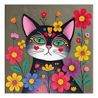 Cute Folk Art Black Cat and Flowers