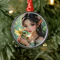 Pretty Elven Fairy & Dragon Ethereal Christmas Metal Ornament