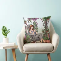 Pretty Woman Drinking Coffee, Her Dog and Plants Throw Pillow