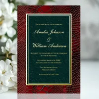 Snakeskin Leather Victorian Red Dark Green Wedding Foil Invitation