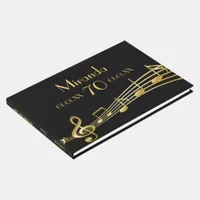 70th birthday party gold music notes on black guest book