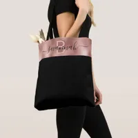 Black rose gold pink monogram chic tote bag